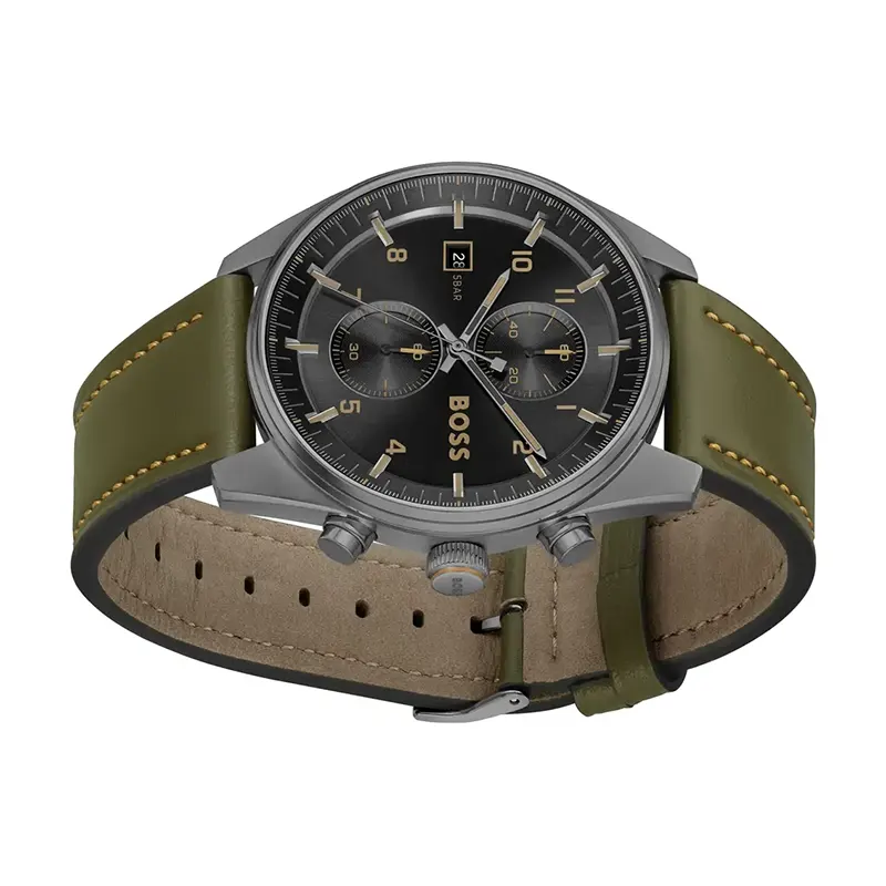 Hugo Boss Skytraveller Black Dial Leather Men's Watch- 1514148